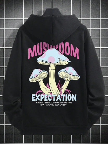 SXV Mushroom & Slogan Graphic Drop Shoulder Hoodie With Drawstring,Long Sleeve