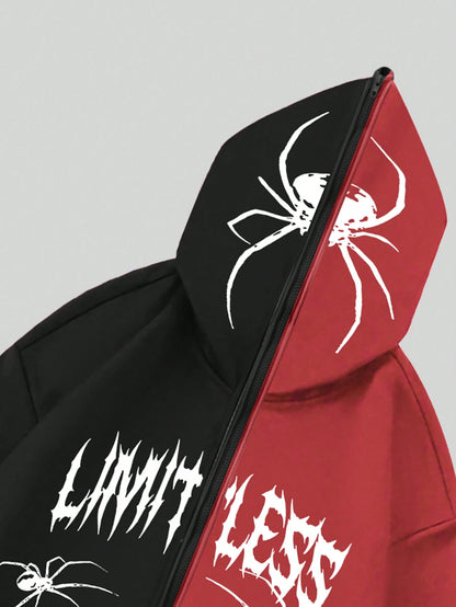 SXV Letter & Spider Printed Zip Up Hoodie
