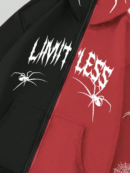 SXV Letter & Spider Printed Zip Up Hoodie