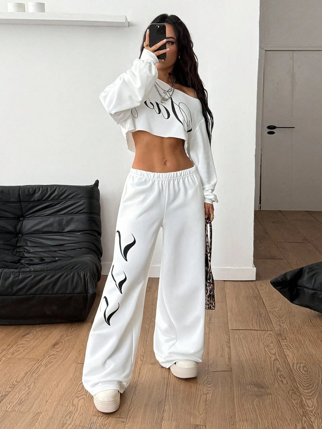 SXV Winter Going Out Streetwear Rave Cowgirl Sportswear Casual Music Festival Graphics Cropped Over Size Asymmetrical Neck Off Shoulder White Long Sleeve T-Shirt