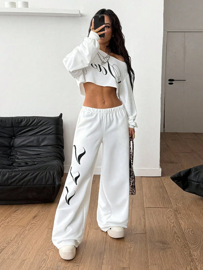 SXV Winter Going Out Streetwear Rave Cowgirl Sportswear Casual Music Festival Graphics Cropped Over Size Asymmetrical Neck Off Shoulder White Long Sleeve T-Shirt