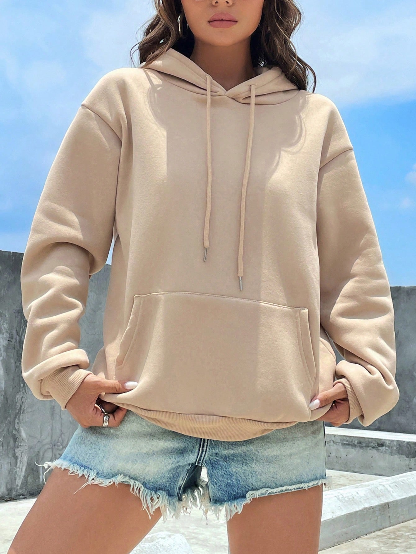 SXV Kangaroo Pocket Drop Shoulder Drawstring Thermal Hoodie