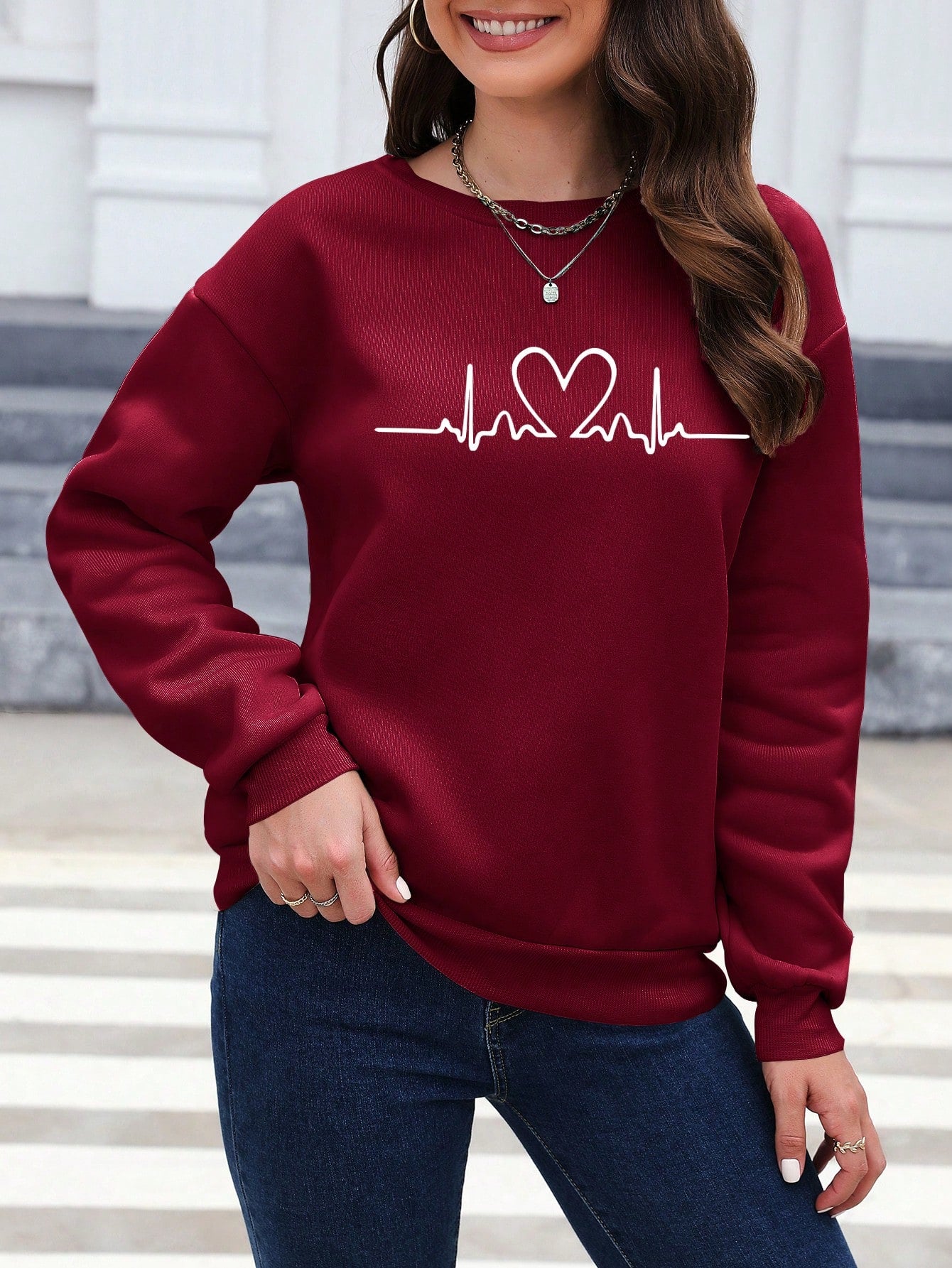 SXV Women's Heart Printed Drop Shoulder Sweatshirt