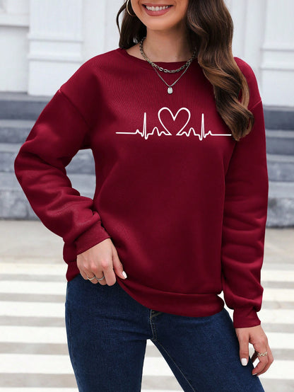 SXV Women's Heart Printed Drop Shoulder Sweatshirt