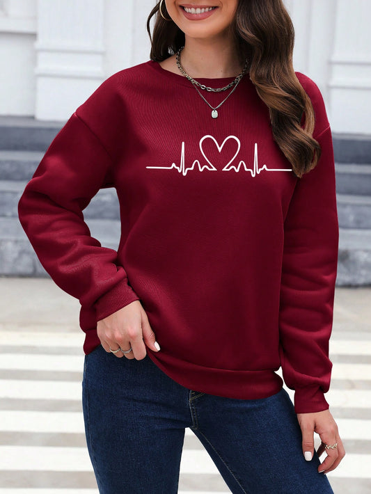 SXV Women's Heart Printed Drop Shoulder Sweatshirt