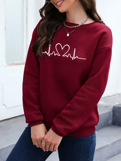 SXV Women's Heart Printed Drop Shoulder Sweatshirt