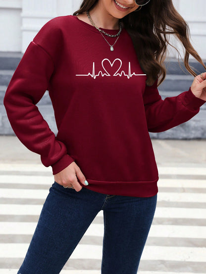 SXV Women's Heart Printed Drop Shoulder Sweatshirt