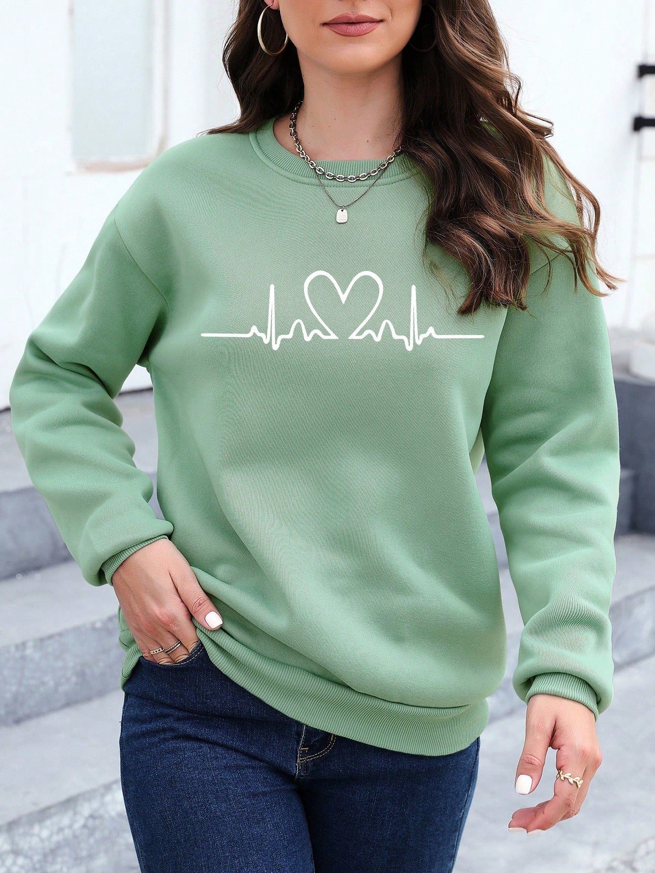 SXV Women's Heart Printed Drop Shoulder Sweatshirt
