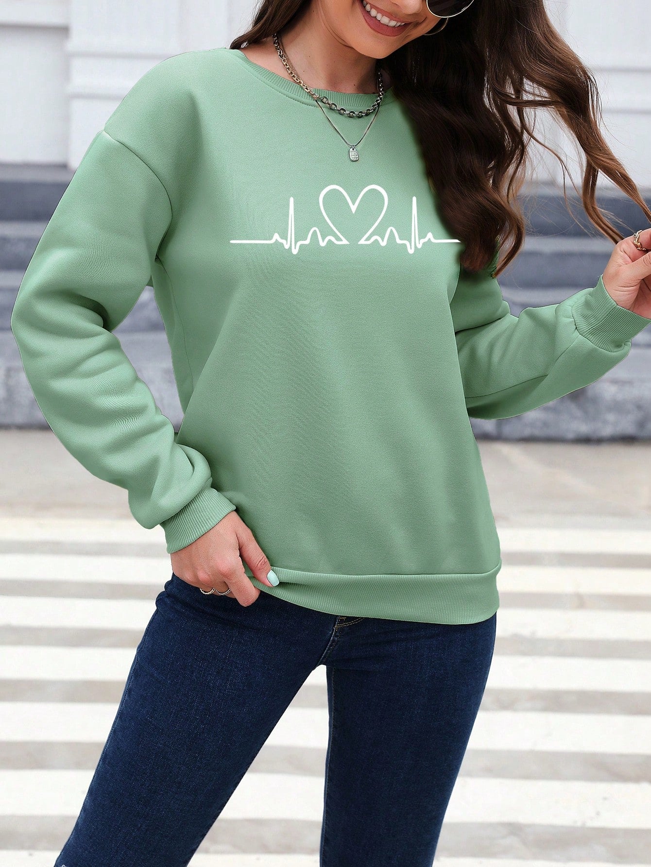 SXV Women's Heart Printed Drop Shoulder Sweatshirt