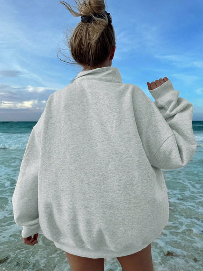 SXV Half zip Solid Color Drop Shoulder White Sweatshirt