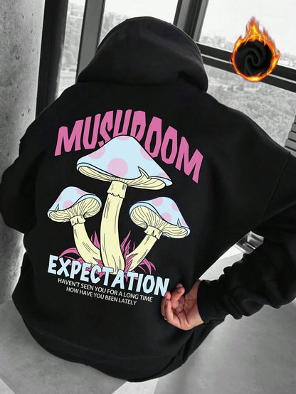 SXV Mushroom & Slogan Graphic Drop Shoulder Hoodie With Drawstring,Long Sleeve