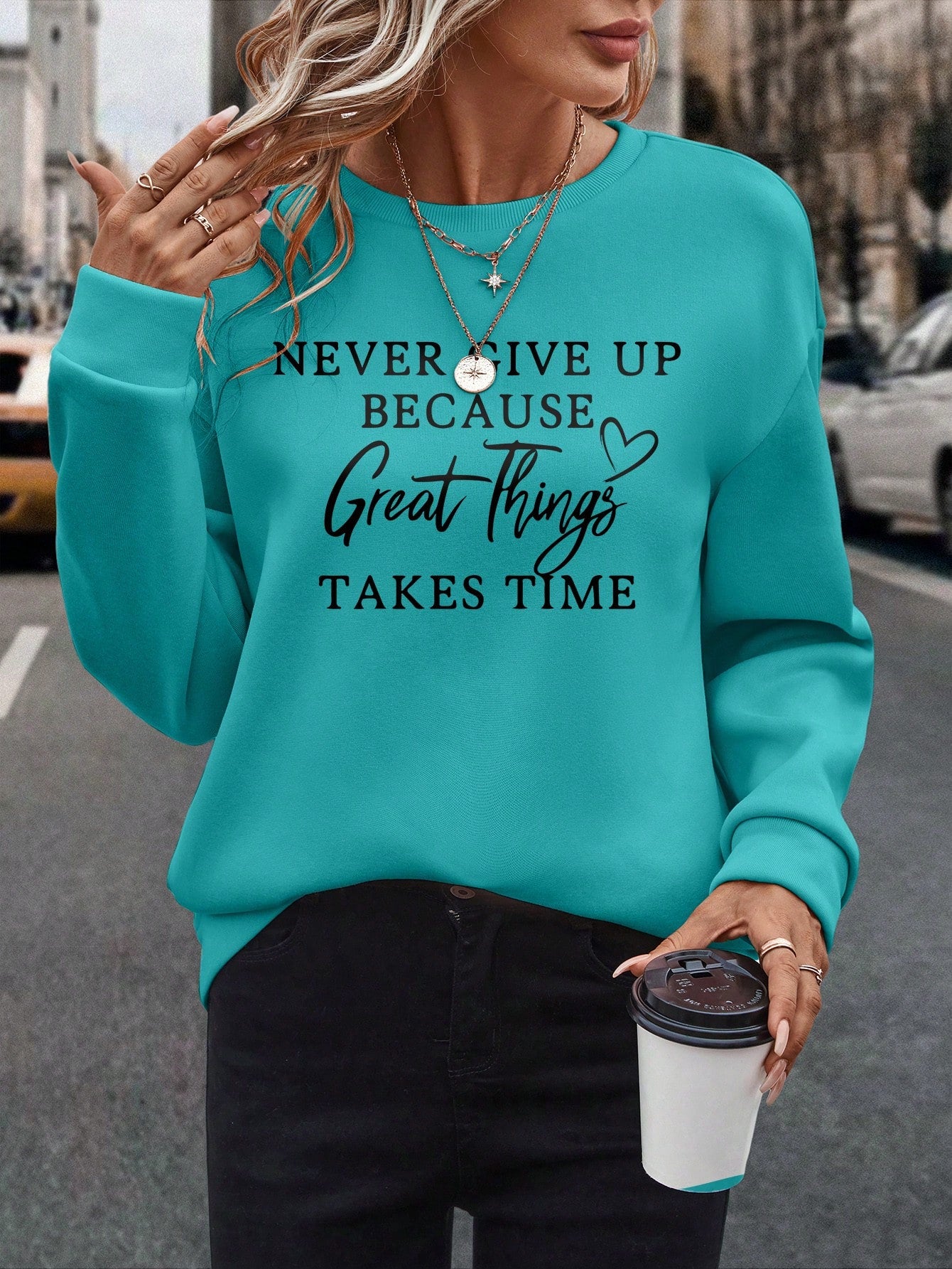 SXV  'never give up’ Printed Cool Aesthetic Drop Shoulder Oversized Baggy Sweatshirt