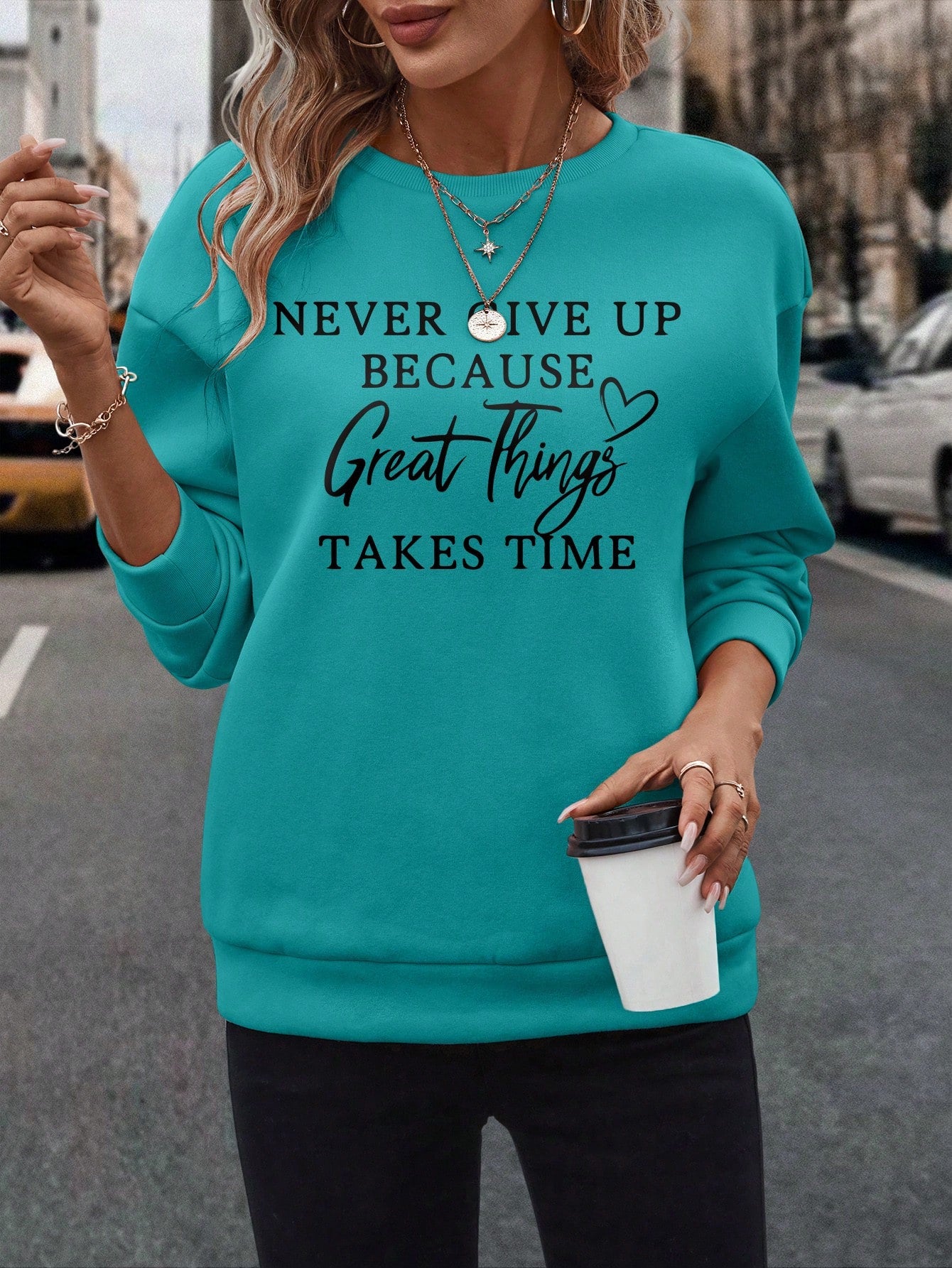 SXV  'never give up’ Printed Cool Aesthetic Drop Shoulder Oversized Baggy Sweatshirt