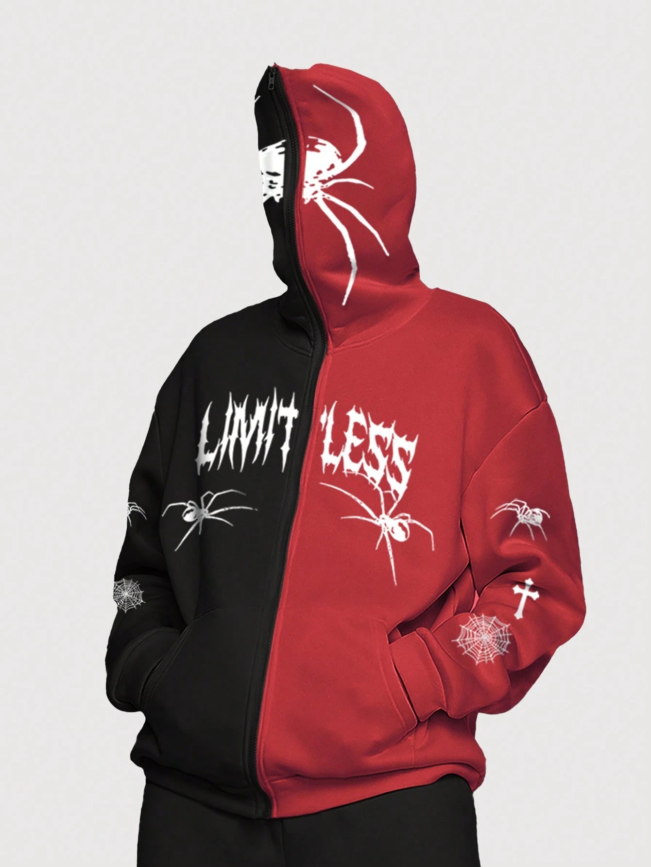 SXV Letter & Spider Printed Zip Up Hoodie