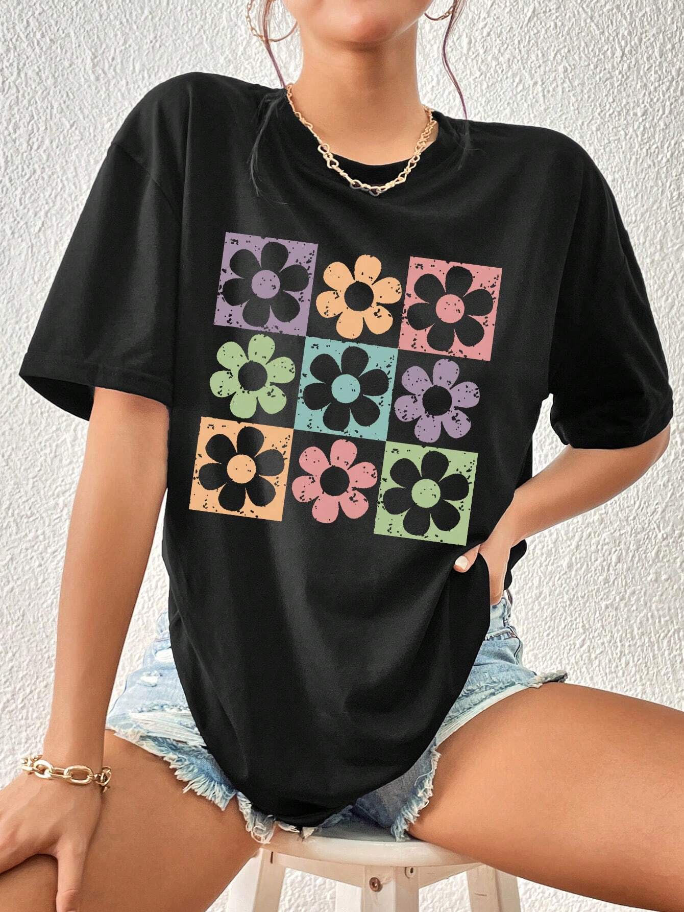 SXV 'Teen Girl Floral' Printed Cool Aesthetic Oversized Baggy T