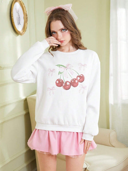 SXV 'CHERRIES AND BOW’ Printed Cool Aesthetic Drop Shoulder Oversized Baggy Sweatshirt