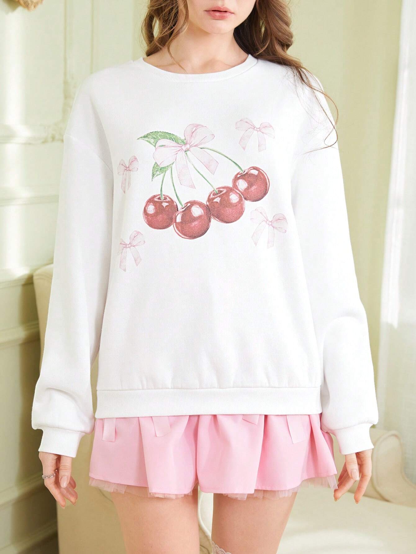 SXV 'CHERRIES AND BOW’ Printed Cool Aesthetic Drop Shoulder Oversized Baggy Sweatshirt