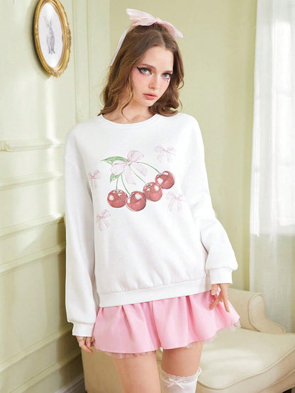SXV 'CHERRIES AND BOW’ Printed Cool Aesthetic Drop Shoulder Oversized Baggy Sweatshirt