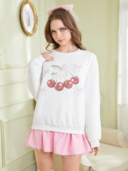 SXV 'CHERRIES AND BOW’ Printed Cool Aesthetic Drop Shoulder Oversized Baggy Sweatshirt