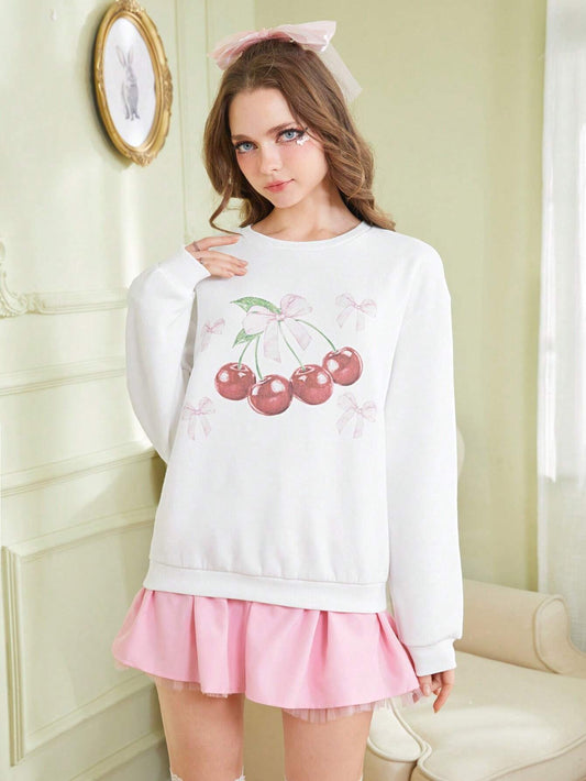 SXV 'CHERRIES AND BOW’ Printed Cool Aesthetic Drop Shoulder Oversized Baggy Sweatshirt