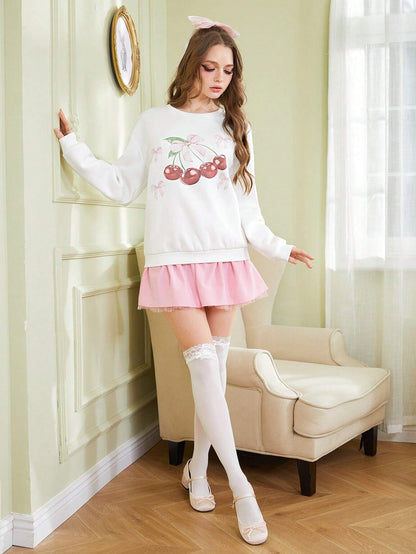 SXV 'CHERRIES AND BOW’ Printed Cool Aesthetic Drop Shoulder Oversized Baggy Sweatshirt