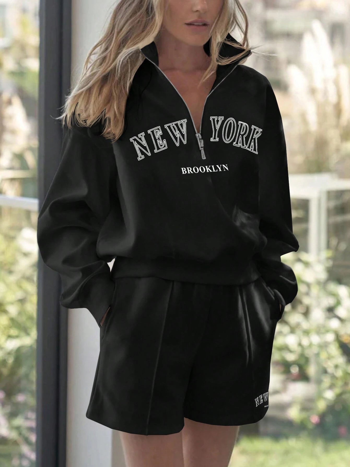 SXV Women's Letter Printed Zipper Half Placket Sweatshirt And Shorts Two Pieces Set