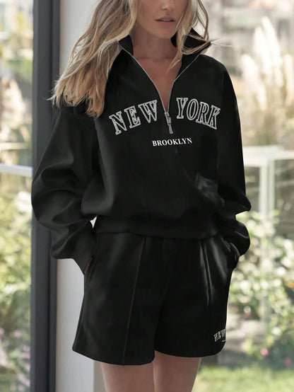 SXV Women's Letter Printed Zipper Half Placket Sweatshirt And Shorts Two Pieces Set