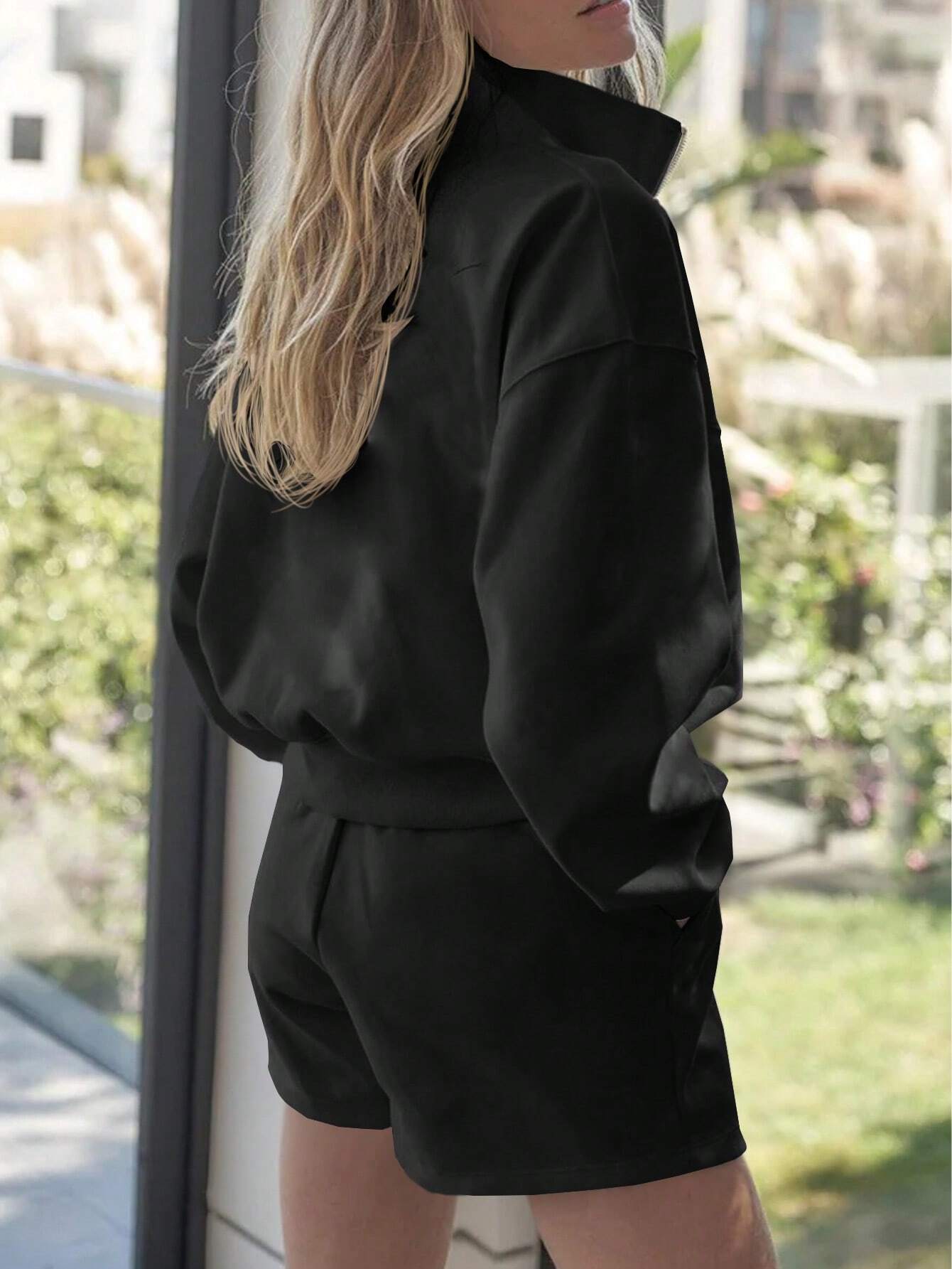 SXV Women's Letter Printed Zipper Half Placket Sweatshirt And Shorts Two Pieces Set