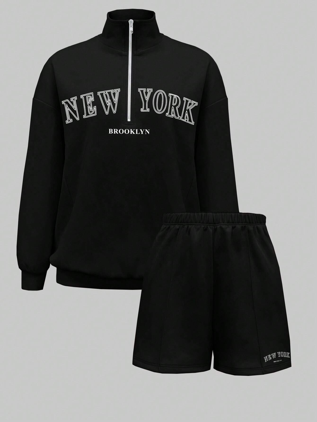 SXV Women's Letter Printed Zipper Half Placket Sweatshirt And Shorts Two Pieces Set