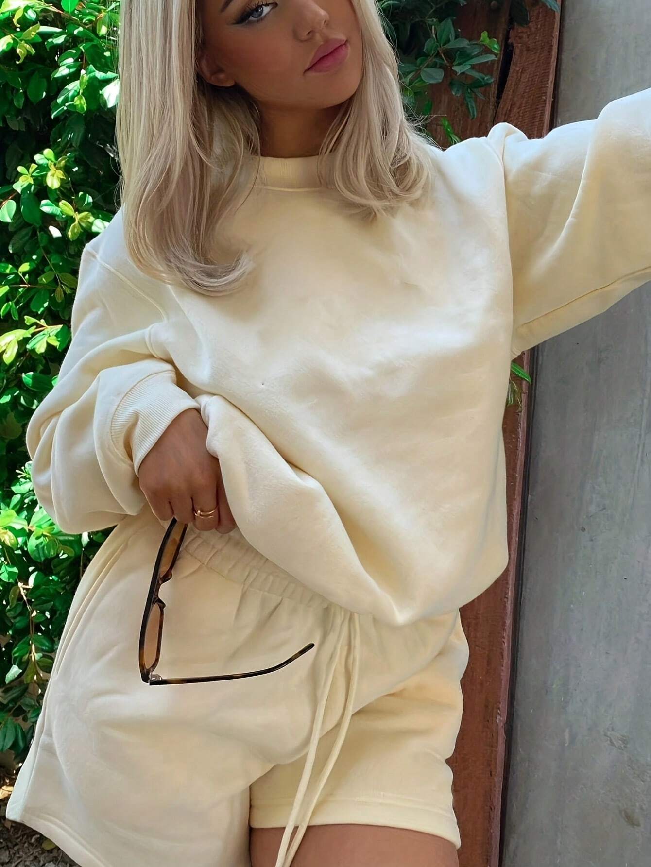 SXV Women's Solid Color Simple Daily Short-Sleeve Top And Shorts Set