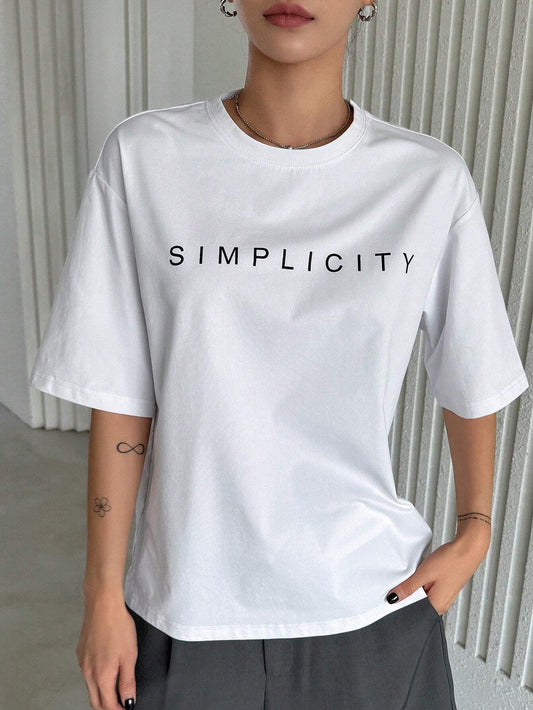 SXV Loose Fit Letter Print Short Sleeve Round Neck T-Shirt SIMPLICITY