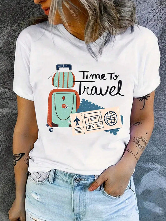 SXV time to travel Luggage Print Short Sleeve T-Shirt Graphic Tees Women