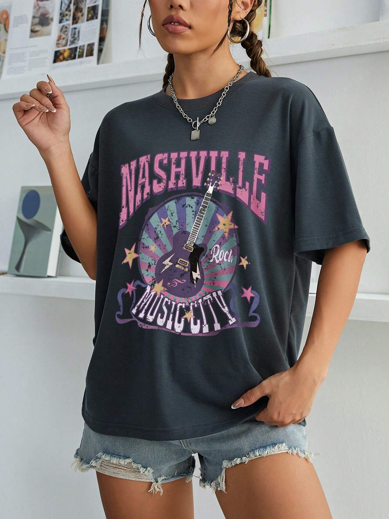 SXV Nashville music city Letter Print Cheongsam Pattern Round Neck Short Sleeve T-Shirt