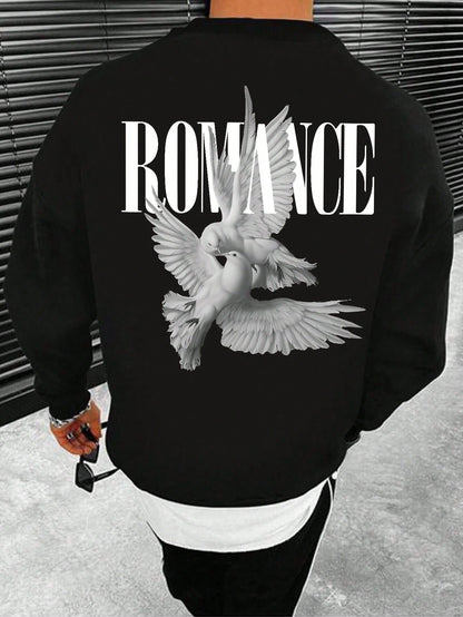 SXV Romance Spring And Autumn Loose Fit Letter Printed Pigeon Pattern Long Sleeve Casual Sweatshirt With Round Neck