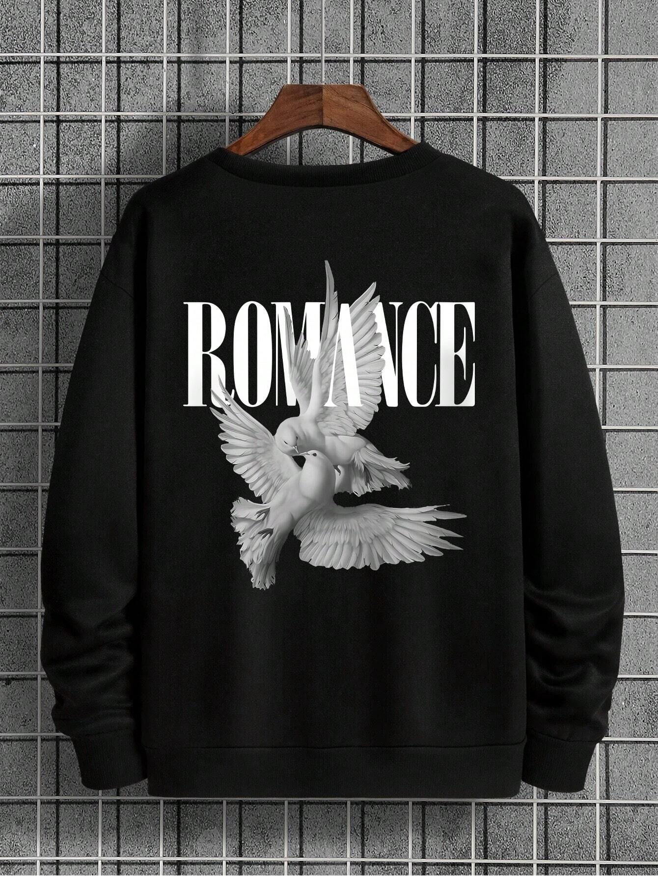 SXV Romance Spring And Autumn Loose Fit Letter Printed Pigeon Pattern Long Sleeve Casual Sweatshirt With Round Neck