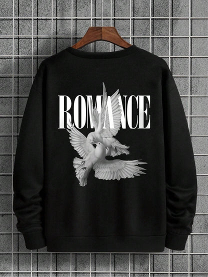SXV Romance Spring And Autumn Loose Fit Letter Printed Pigeon Pattern Long Sleeve Casual Sweatshirt With Round Neck