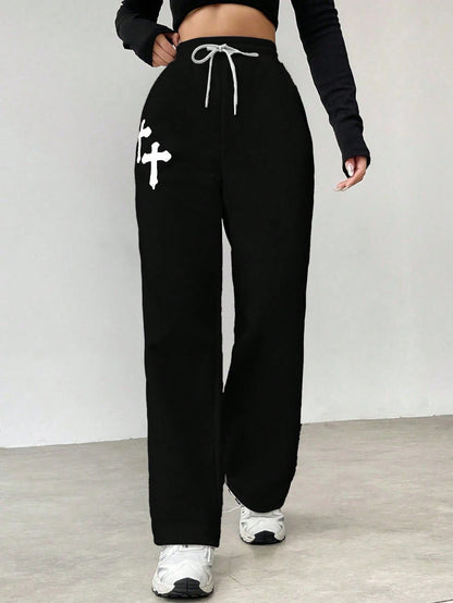 SXV Women Simple Jesus cross Printed Casual Sweatpants