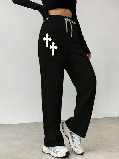 SXV Women Simple Jesus cross Printed Casual Sweatpants