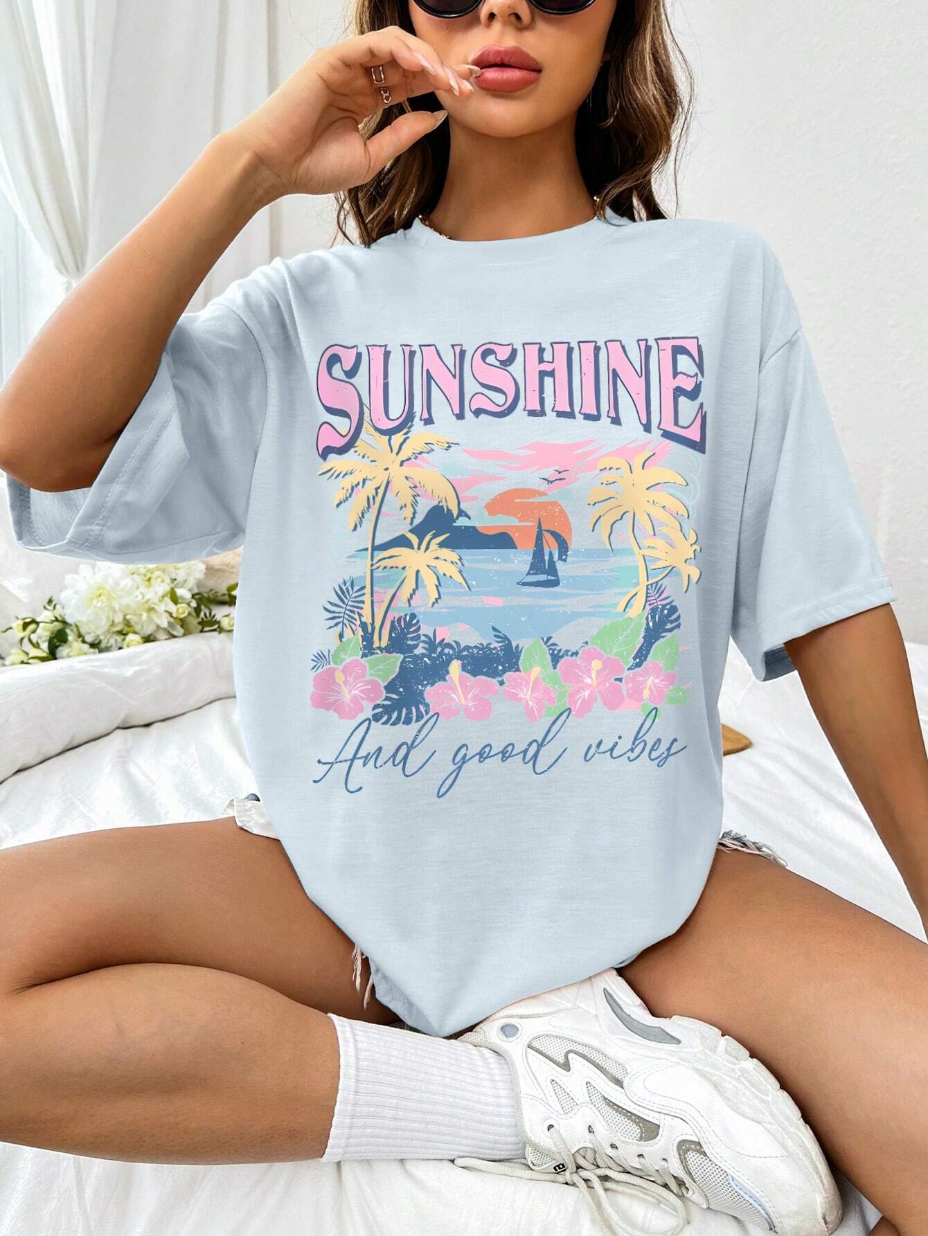 SXV Vacation Beach Sea View Letter Print Drop Shoulder Loose Short Sleeve T-Shirt