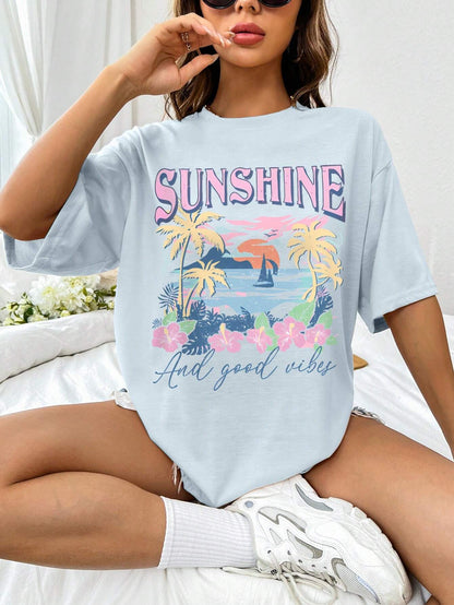 SXV Vacation Beach Sea View Letter Print Drop Shoulder Loose Short Sleeve T-Shirt