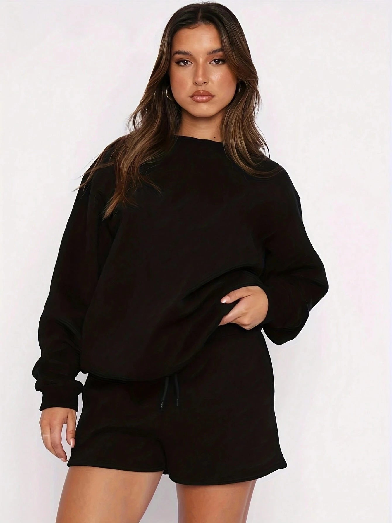 SXV Women's Solid Color Simple Daily Short-Sleeve Top And Shorts Set