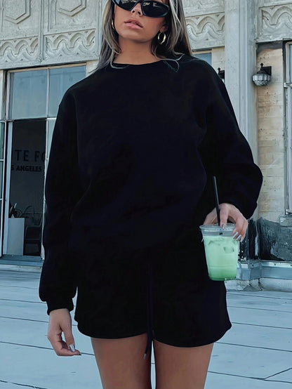 SXV Women's Solid Color Simple Daily Short-Sleeve Top And Shorts Set