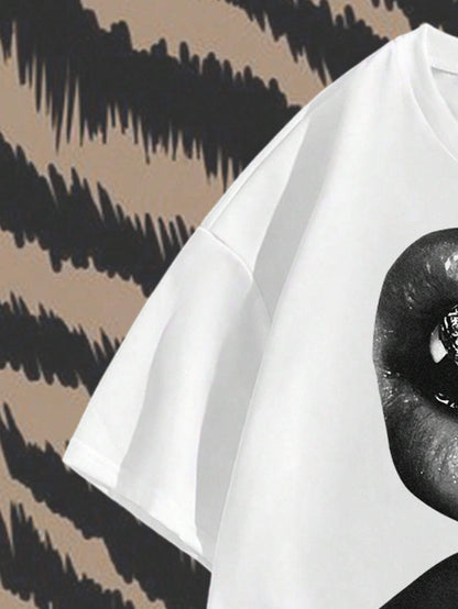 SXV Street Style Tee Short Sleeve Top With Black And White Mouth Pattern, Suitable For Summer