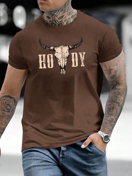 SXV HODY Letter Print Round Neck Short Sleeve T-Shirt, Coffee Color
