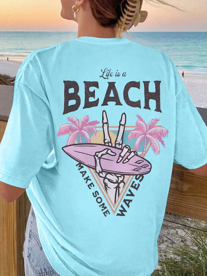 SXV Women's Summer Palm Tree Letter Print Round Neck Short Sleeve Casual T-Shirt Graphic Tees