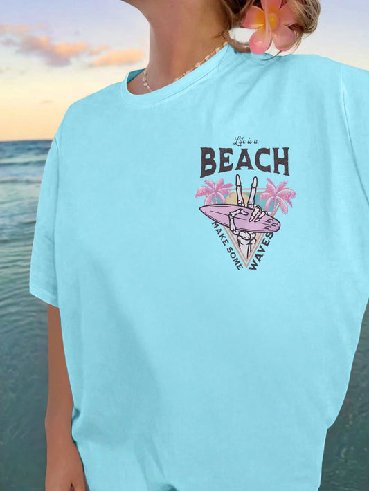 SXV Women's Summer Palm Tree Letter Print Round Neck Short Sleeve Casual T-Shirt Graphic Tees