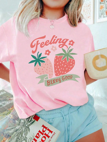 SXV Strawberry Letter Print Round Neck Short Sleeve Casual T-Shirt