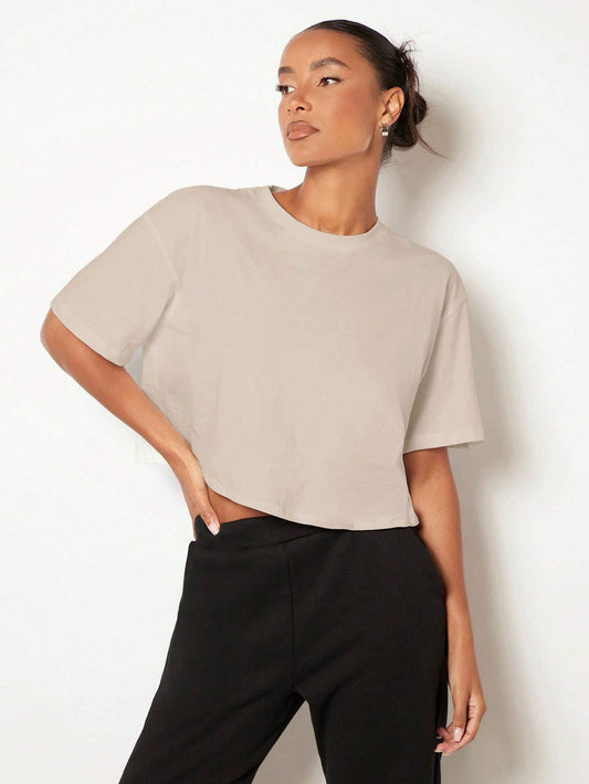 SXV Casual Solid Drop Shoulder Crop Tee