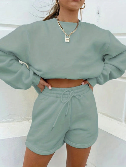 SXV Women's Solid Color Simple Daily Short-Sleeve Top And Shorts Set