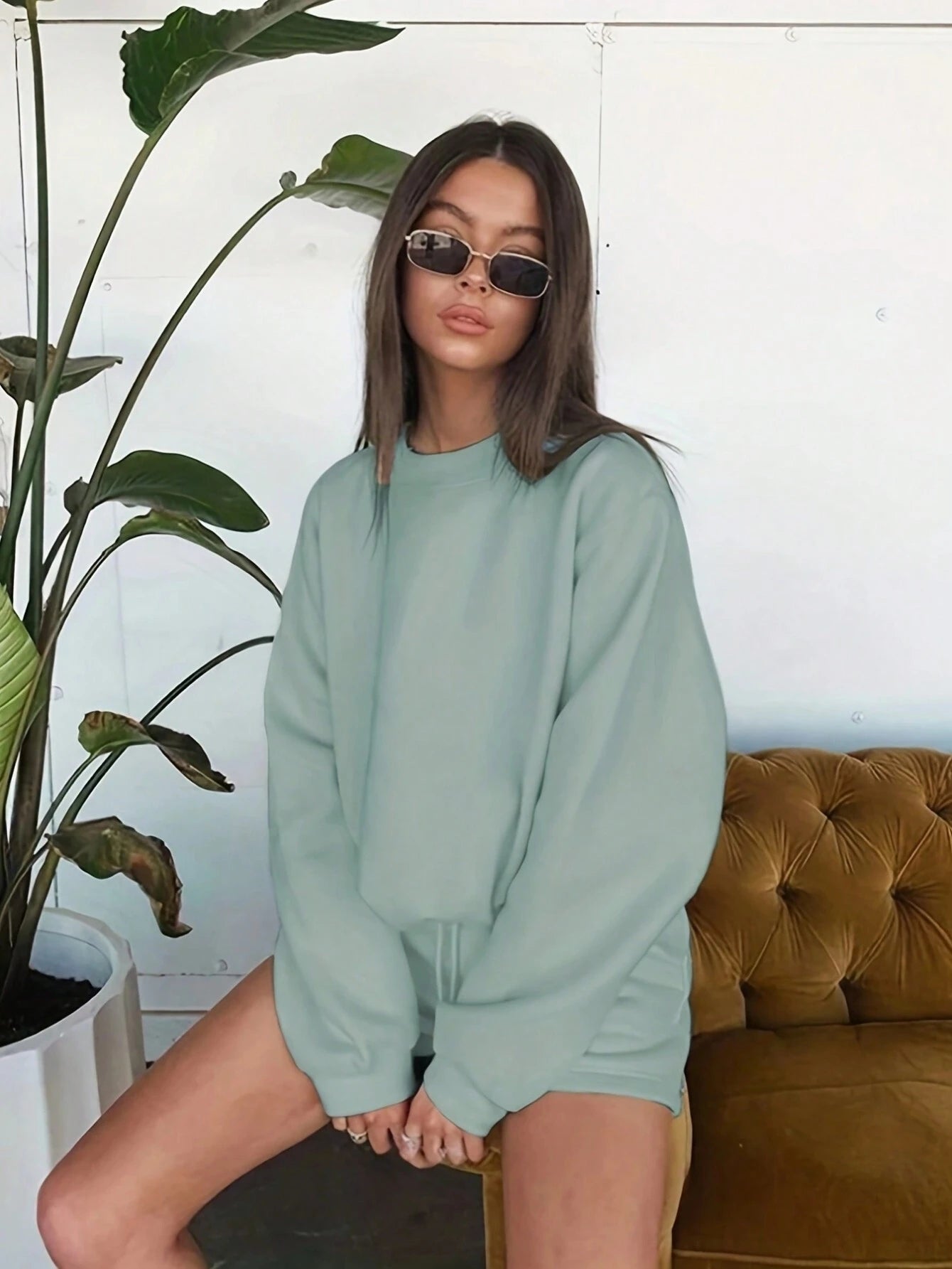 SXV Women's Solid Color Simple Daily Short-Sleeve Top And Shorts Set